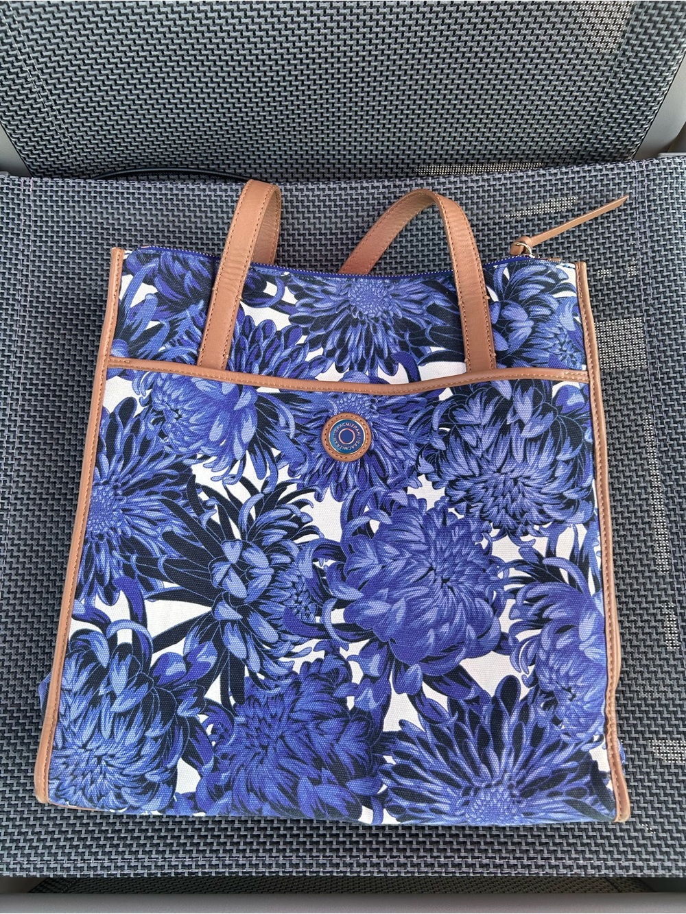 Isaac Mizrahi Blue Floral Tote Bag with Tan Leather Trim